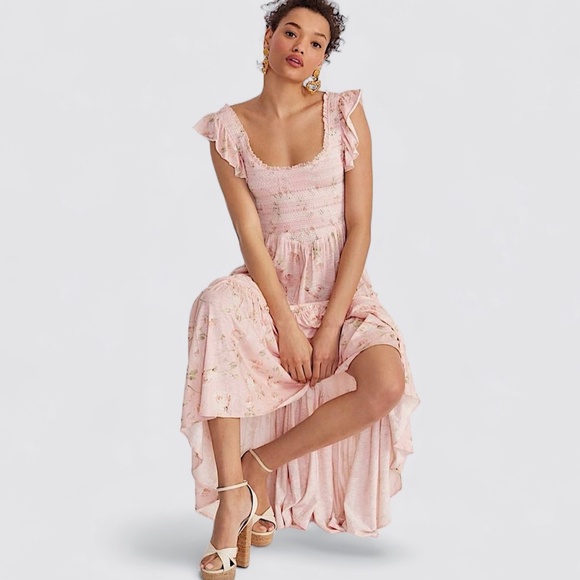 LOVE SHACK FANCY Chessie Smocked Tiered Floral Midi Dress Ballet Pink REVOLVE - Picture 2 of 14
